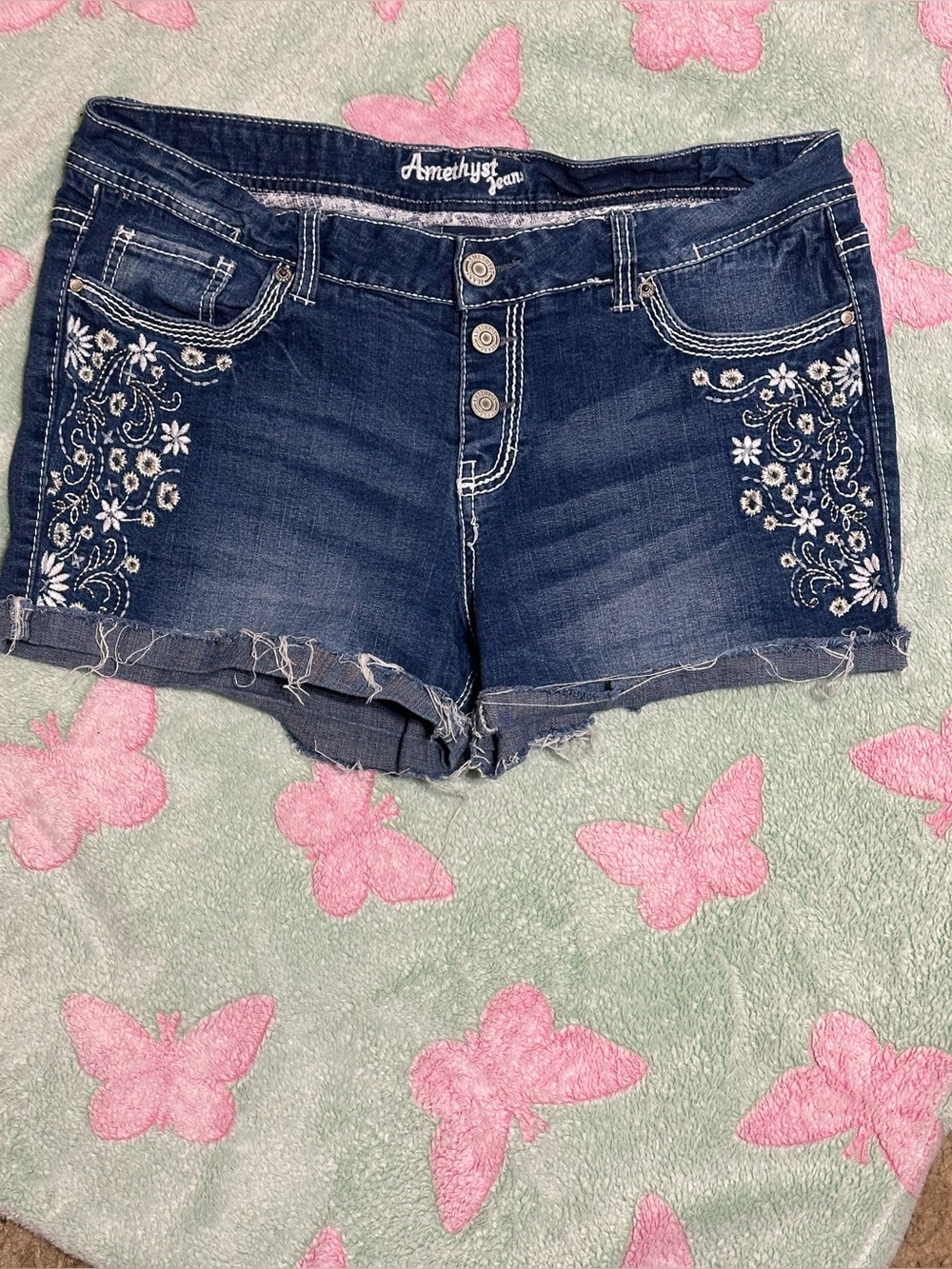Amethyst Jeans Navy Denim Shorts with White Floral Embroidery